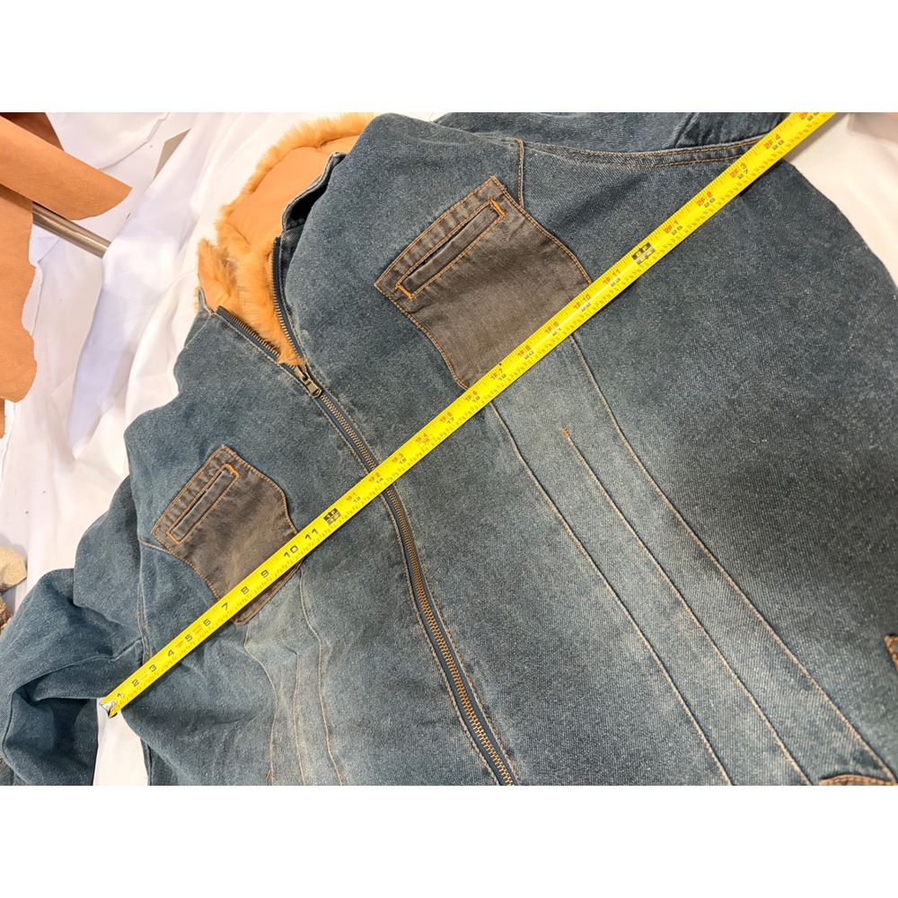 Faded Glory Blue Denim Coat with tan Faux Fur Trim and Boho Floral Embroidery - Picture 11 of 13
